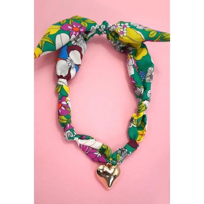 Green Floral Scarf Charm Necklace - Heart