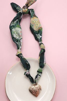 Green Heart Locket Scarf Charm Necklace