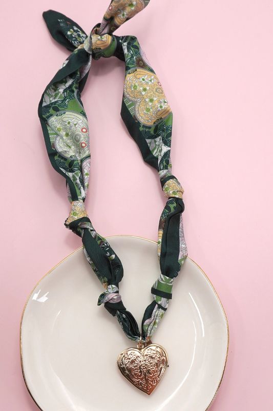 Green Heart Locket Scarf Charm Necklace