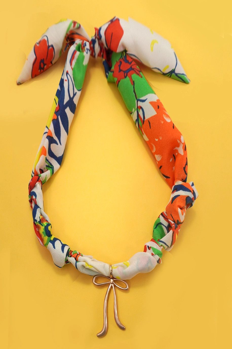 Orange Floral Scarf Charm Necklace- Bow