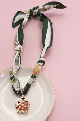 Green Floral Scarf Charm Necklace - Pearl Flower