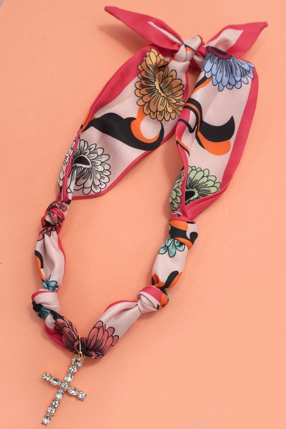 Pink Floral Scarf Charm Necklace-Cross