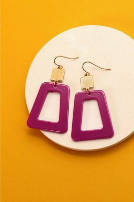 Acrylic Mix Gold Trapezoid Drop Earrings-Purple