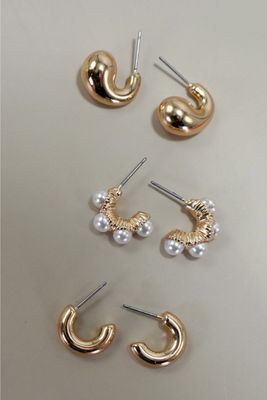 Trio Huggie Pearl Gold Hoop Earrings