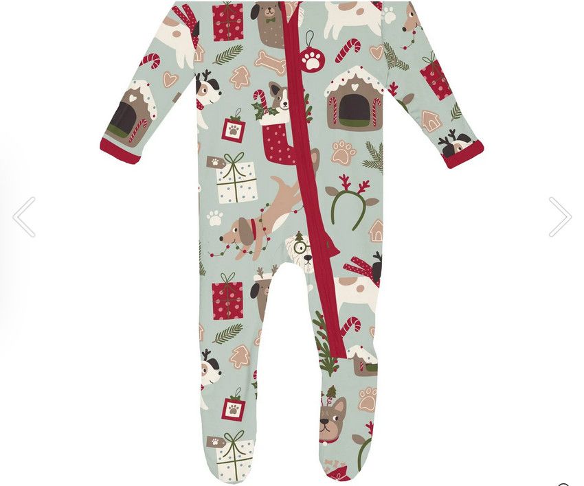 Print Footie with 2 Way Zipper in Aloe Christmas Dogs