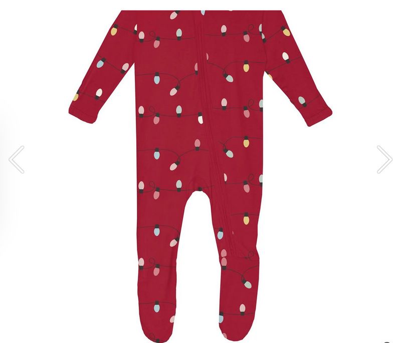 Print Footie with 2 Way Zipper in Crimson Holiday Lights