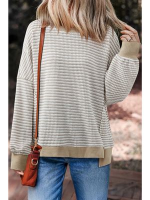 Ribbed Trim Drop Shoulder Long Sleeve Oversized Top- Brown