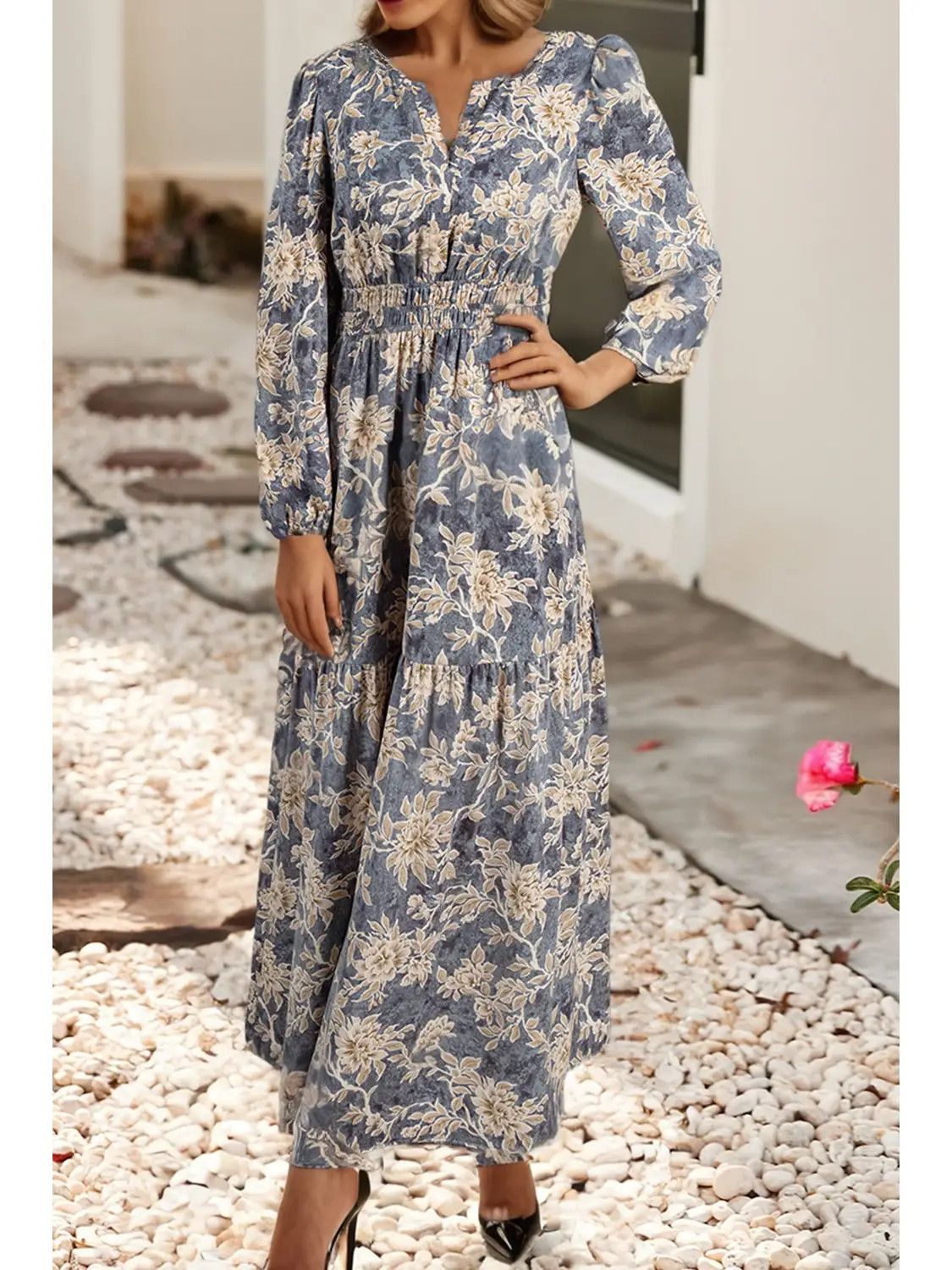 Floral Print Smocked Hi Waist LS Maxi Dress, Size: S