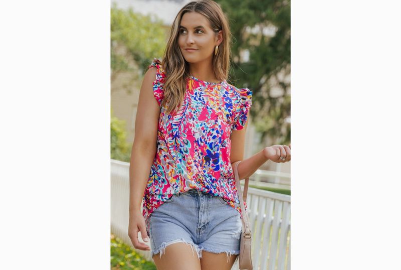 Floral Print Tank Top with Ruffles | Rose