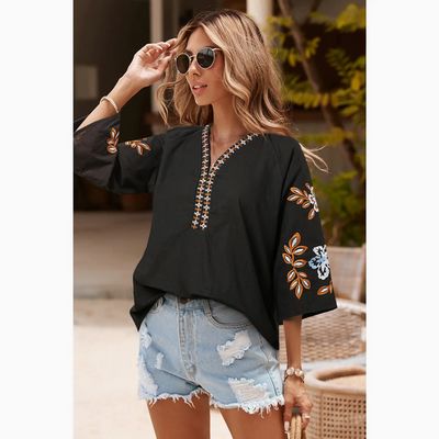 Floral Embroidered Bohemian V-Neck  Blouse/Black