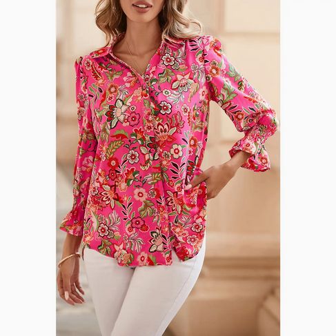 Strawberry Pink Floral Pink Smocked Cuff Puff Sleeve Shirt