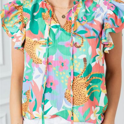 Floral w/Cheetah Frilly Ruffle Tie Split Neck