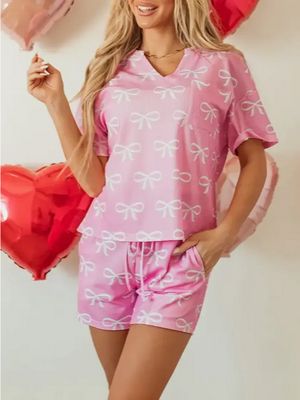 Pink Waffle Bowknot V-neck Tshirt &amp; Shorts