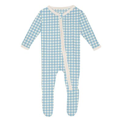 Print Footie with 2 Way Zipper in Seaside Blue Gingham