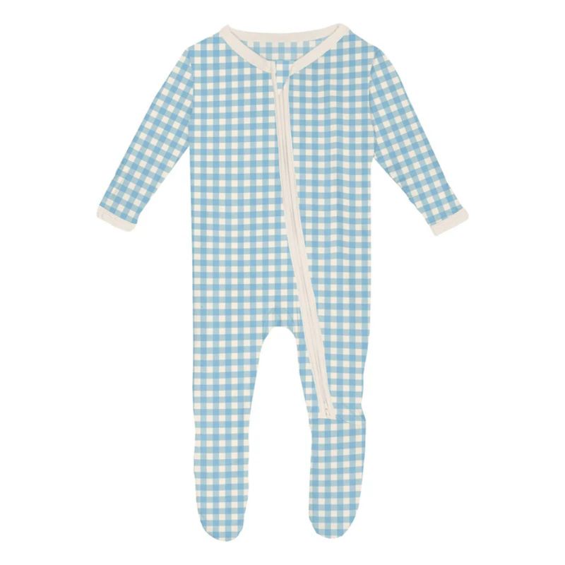 Print Footie with 2 Way Zipper in Seaside Blue Gingham