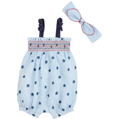 A-95 Seersucker Star Romper Headband Set