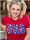 USA Tee with Stars in Blue Glitter-Red