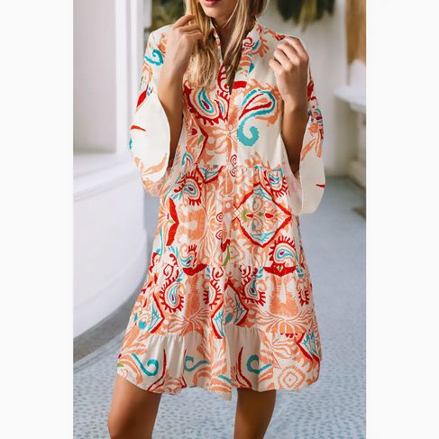 Tribal Print Bracelet Sleeve Buttoned Mini Dress - Orange