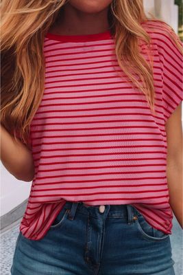 Stripe Knitted Round Neck T-Shirt Pink