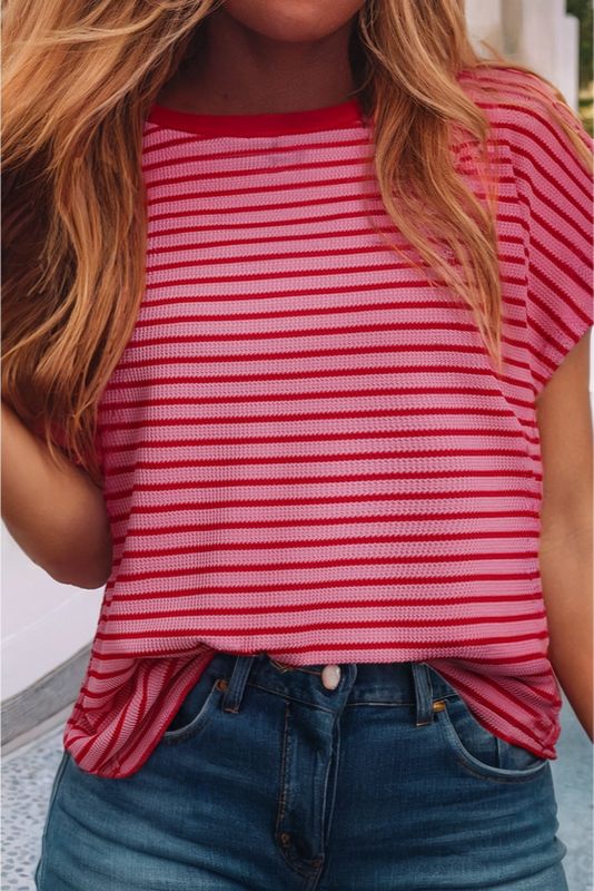 Stripe Knitted Round Neck T-Shirt Pink