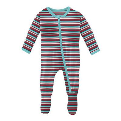 Print Footie w/ Zipper-Christmas Stripe