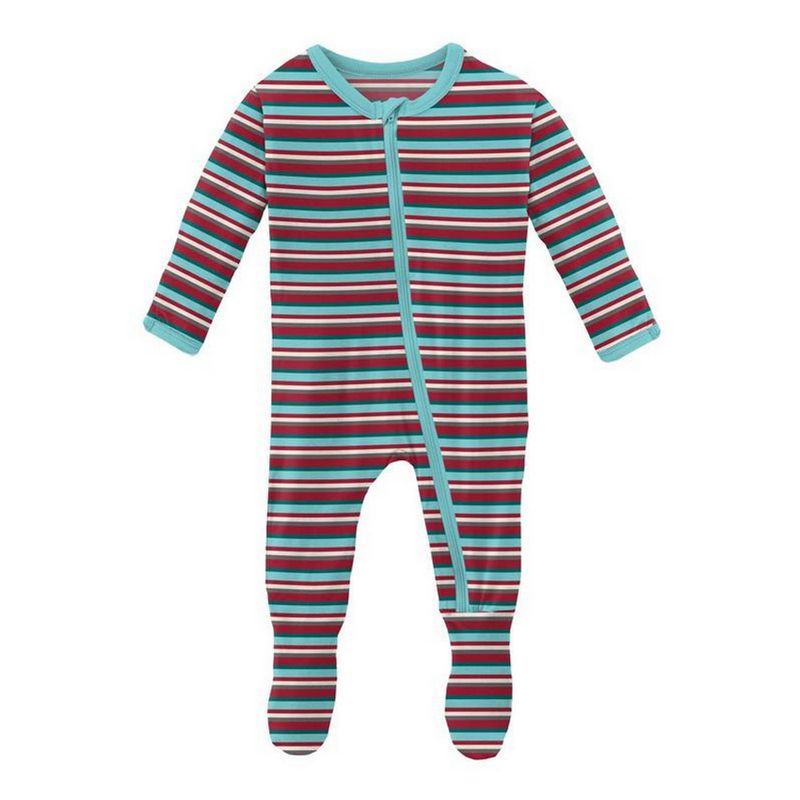 Print Footie w/ Zipper-Christmas Stripe