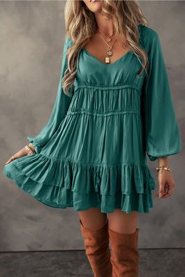 Tiered Ruffle Puff Sleeve Dress - Green
