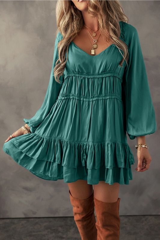 Tiered Ruffle Puff Sleeve Dress - Green