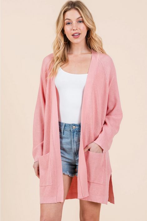 Plus Size Solid Knit Cardigan-Pink