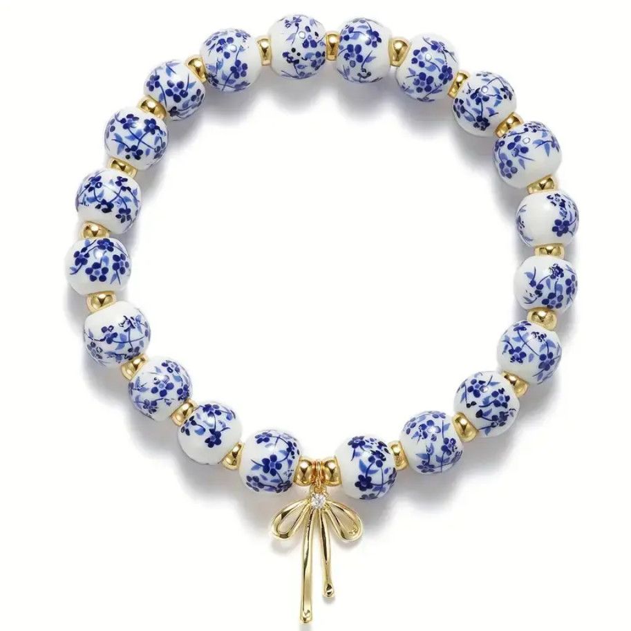 Bow Charm Floral Porcelain Blue Bracelet