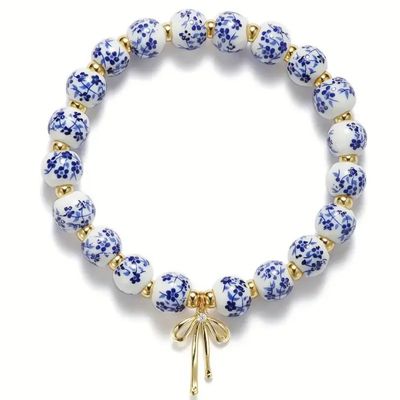 Bow Charm Floral Porcelain Blue Bracelet