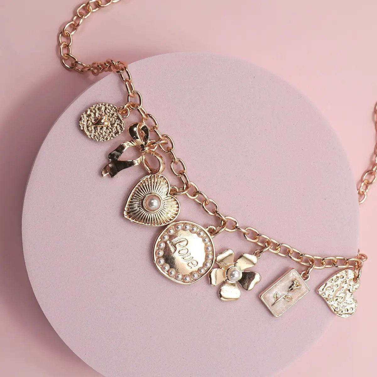 Charm Necklace -Bow, Love, Flower, Heart - Gold