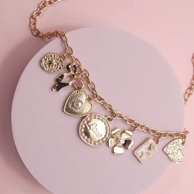 Charm Necklace -Bow, Love, Flower, Heart - Gold