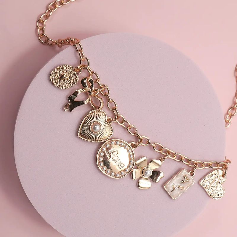 Charm Necklace -Bow, Love, Flower, Heart - Gold