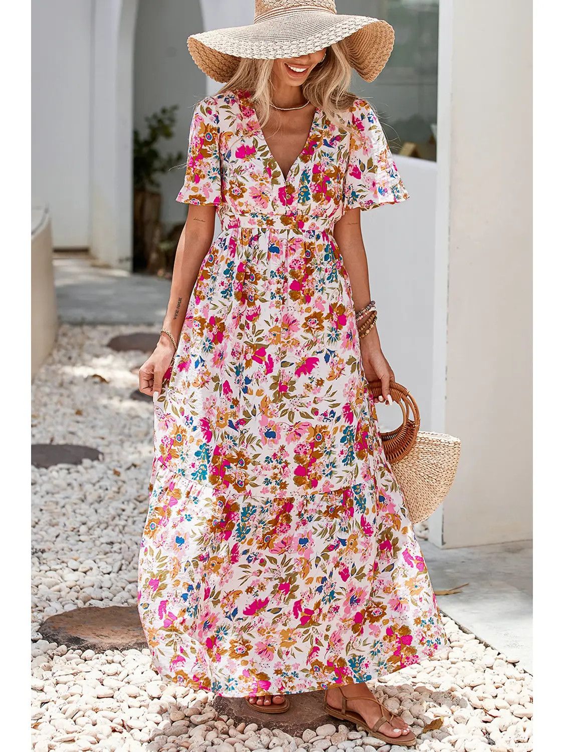 Floral Short Sleeve V Neck High Waist Maxi Dress, Size: S