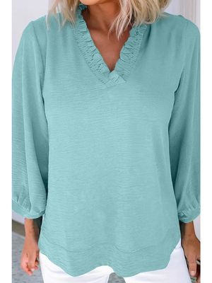 Frilled V Neck Bracelet Sleeve Crinkled Blouse