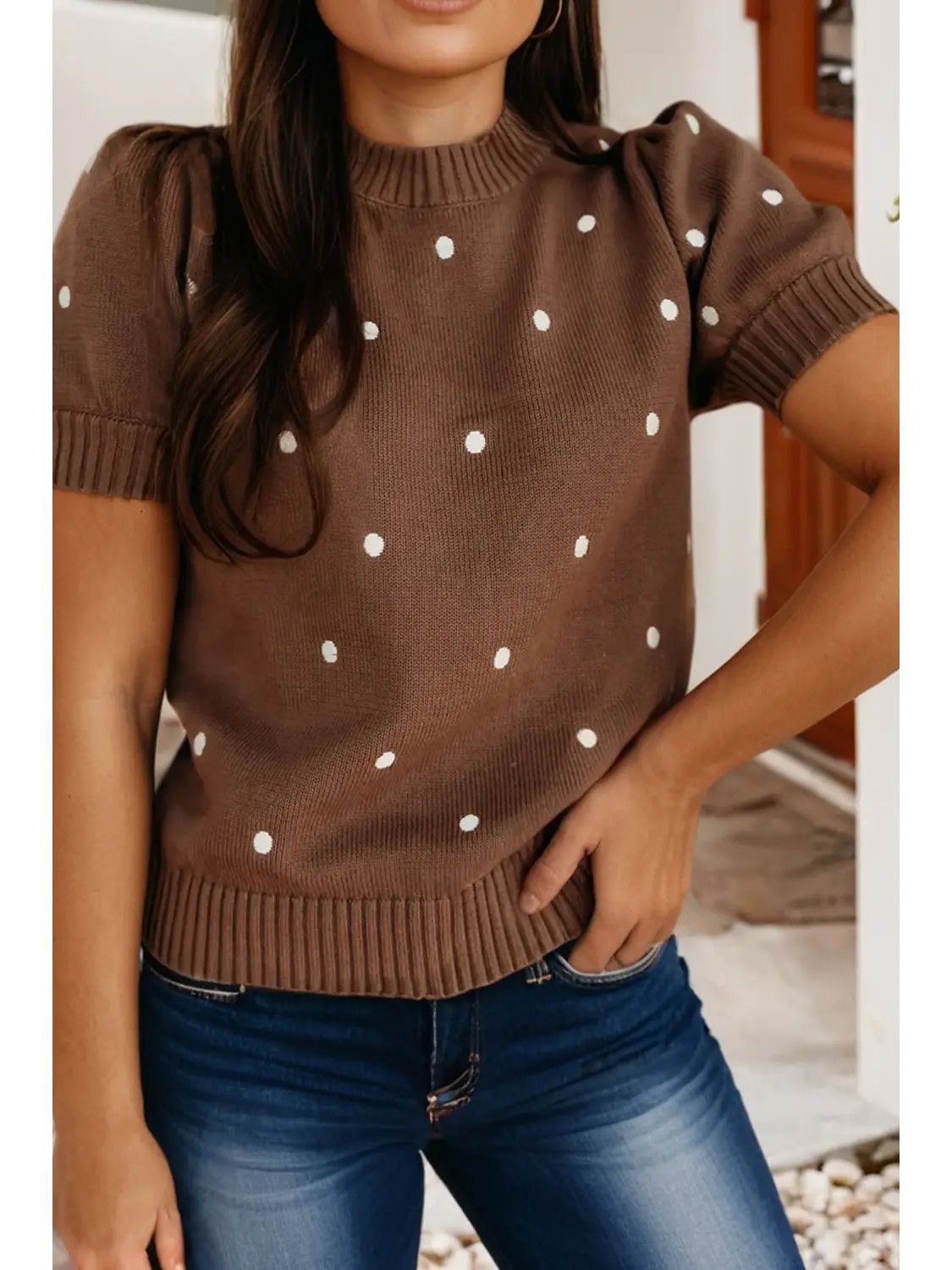 Elegant Polka Dot Bubble Short Sleeve Sweater - Brown
