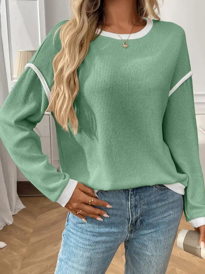 Contrast Trim Crew Neck Long Sleeve Knit Top