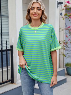Striped Collision Round Neck Short-Sleeved Top