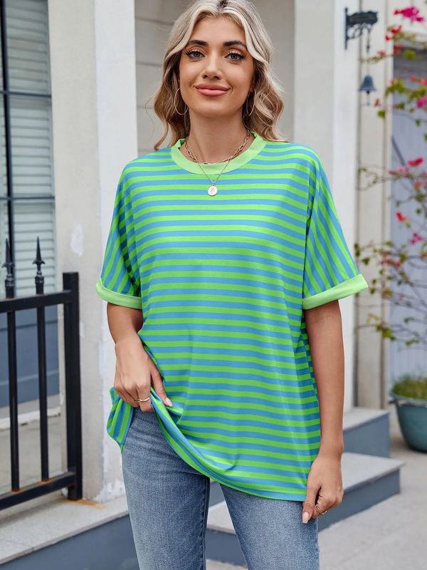 Striped Collision Round Neck Short-Sleeved Top