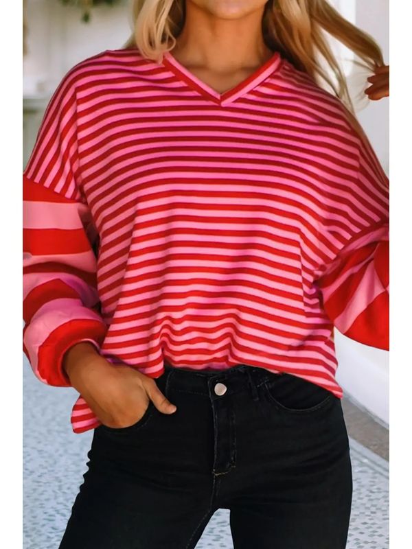 Striped Drop Shoulder Patchwork Sleeve V Neck Pullover