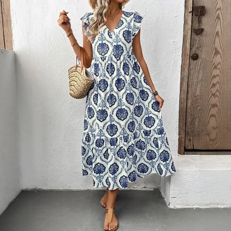 Loose-Fit  Deep V-Neck Blue Floral Print Maxi Dress