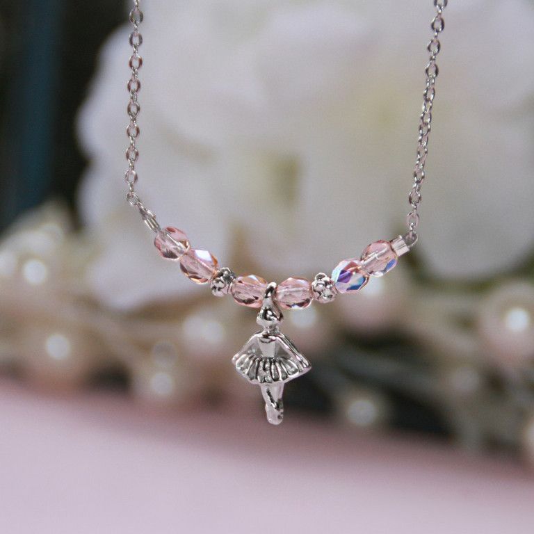 Rhodium Pink Crystal Ballerina Neclace 16"  -CJ 366