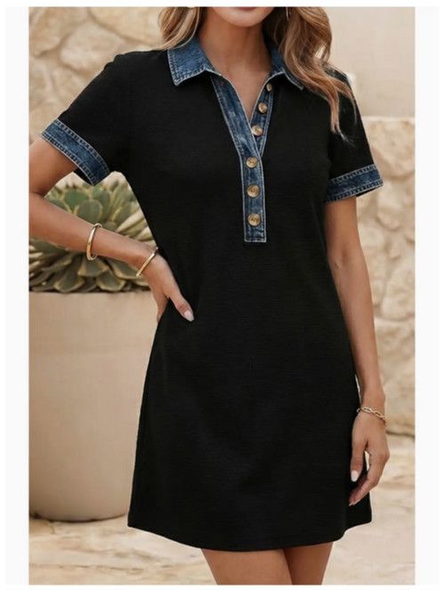 Knit Denim Contrast Trim Patchwork Dress