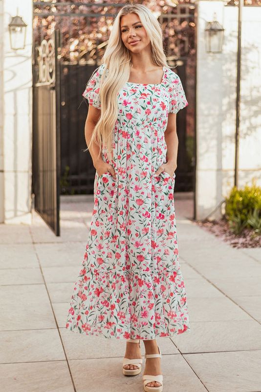 Pink Floral Puff Sleeve Empire  Maxi Dress