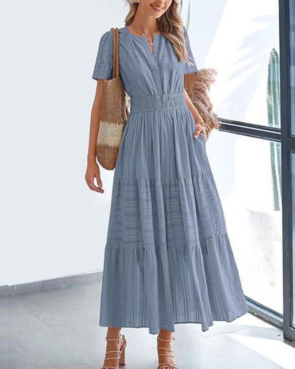 V Neck Smocked Puff Sleeve Flowy Midi Dress