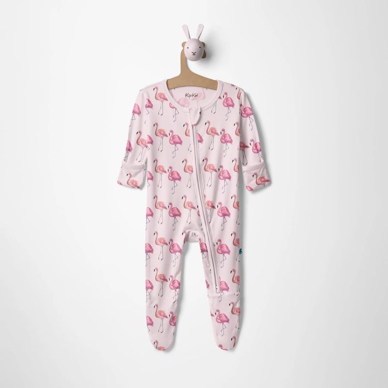 Print Footie with 2 Way Zipper in Shrinking Violet Flamingo