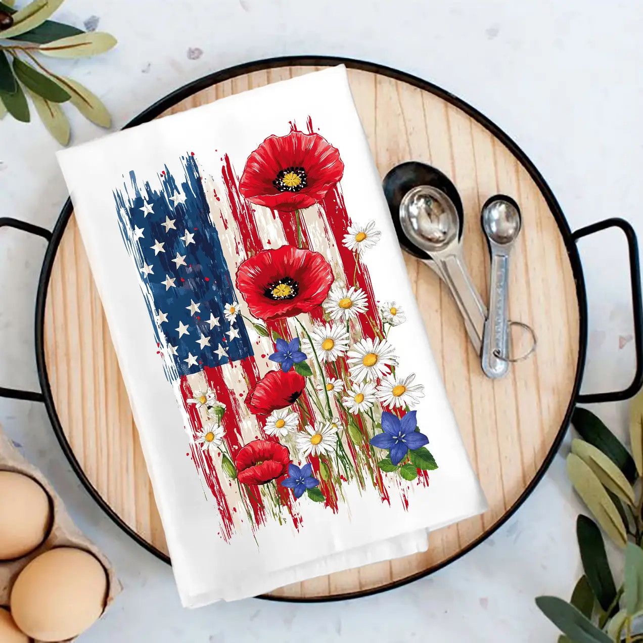 Patriotic American Flag  Flowers Tea Towel