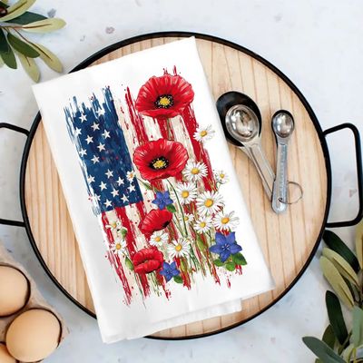 Patriotic American Flag  Flowers Tea Towel
