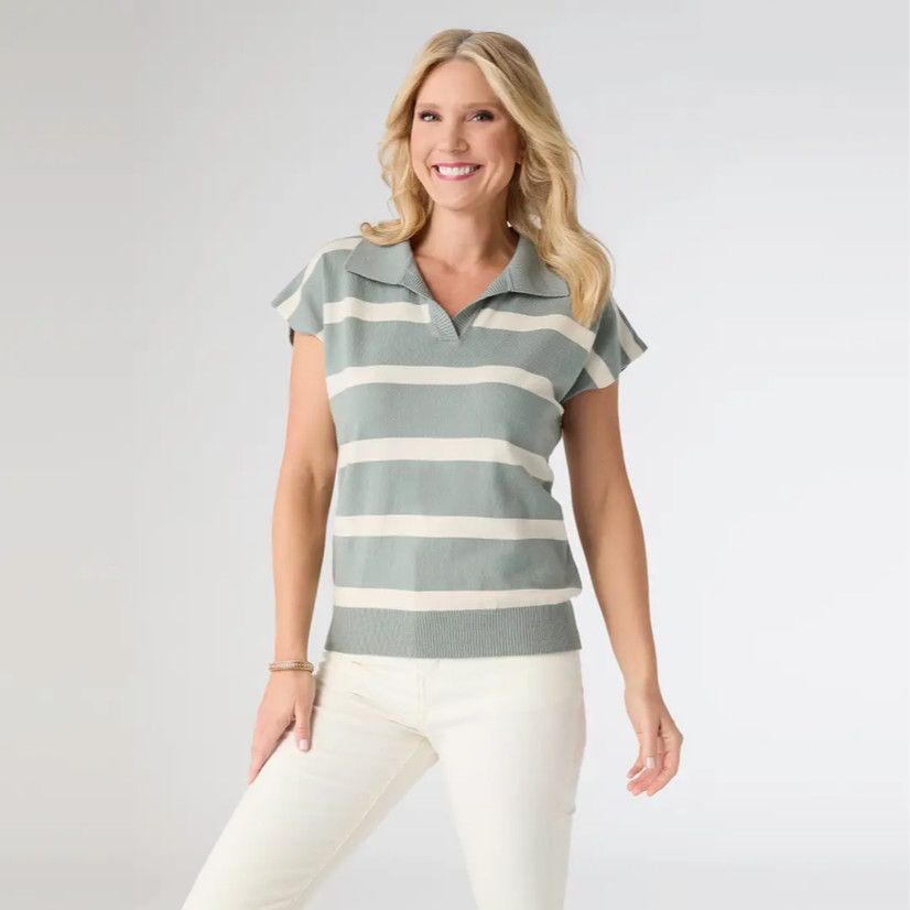 Lightweight Heavenly-Luxe SS Striped V-Neck-Sage